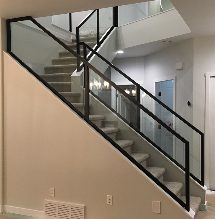 modern interior glass railing, matt black, vancouver